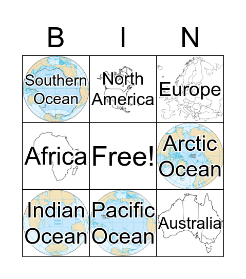 Continents and Ocean Bingo Card