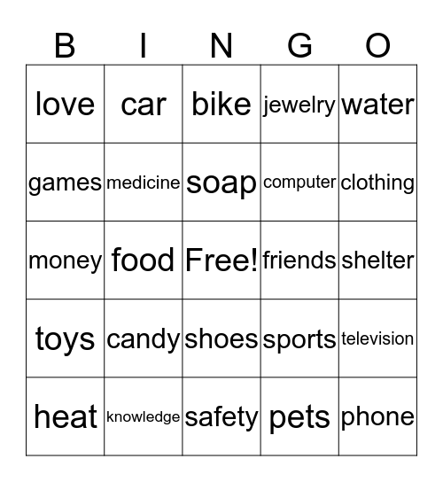 Wants and Needs Bingo Card