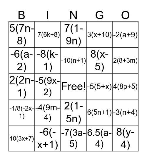 Factoring Expressions Bingo Card