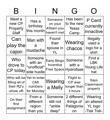 Young Life Staff Bingo Card