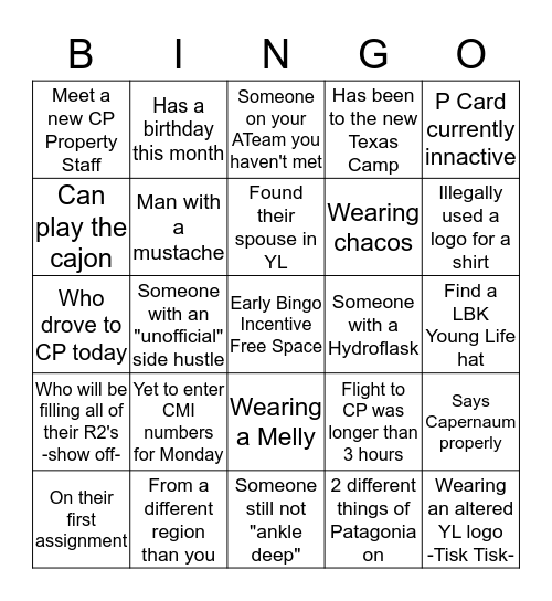 Young Life Staff Bingo Card
