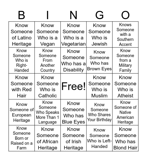 Diversity Bingo Card