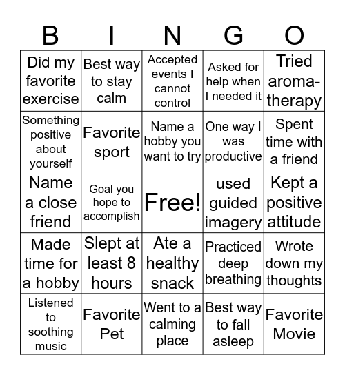 Stress Management Bingo! Bingo Card