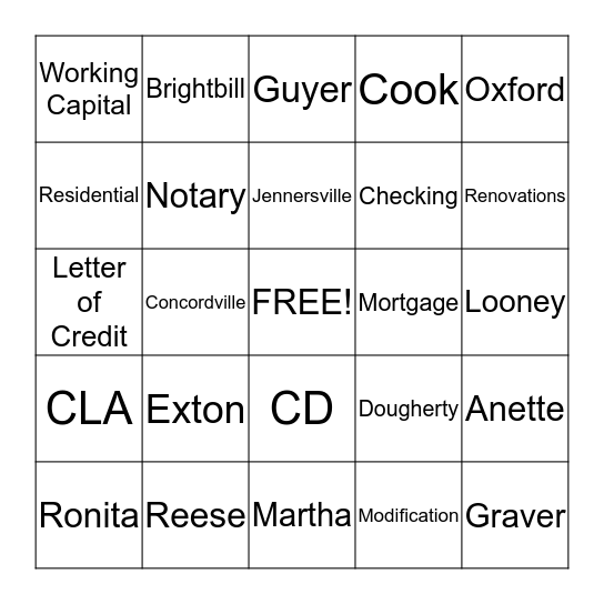 Fulton Bank BINGO Card