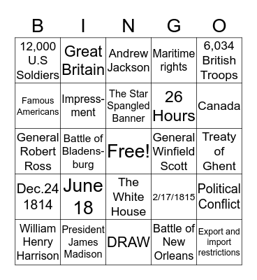 War Of 1812 Bingo Card