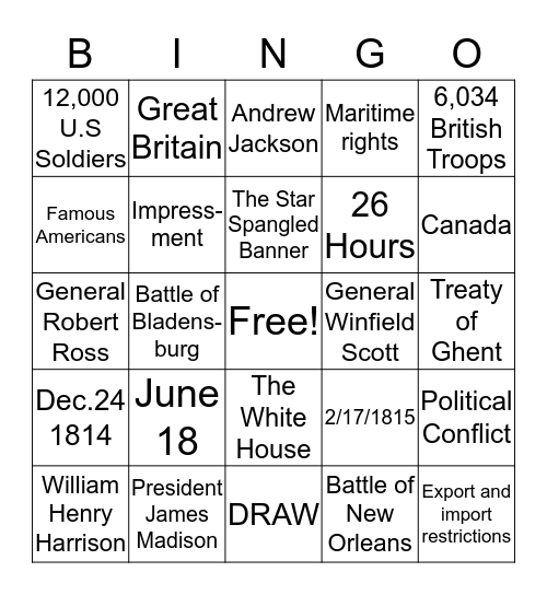 War Of 1812 Bingo Card