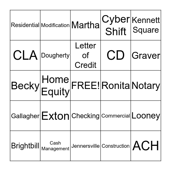 Fulton Bank BINGO Card