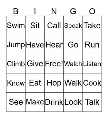 Verbs Bingo Card