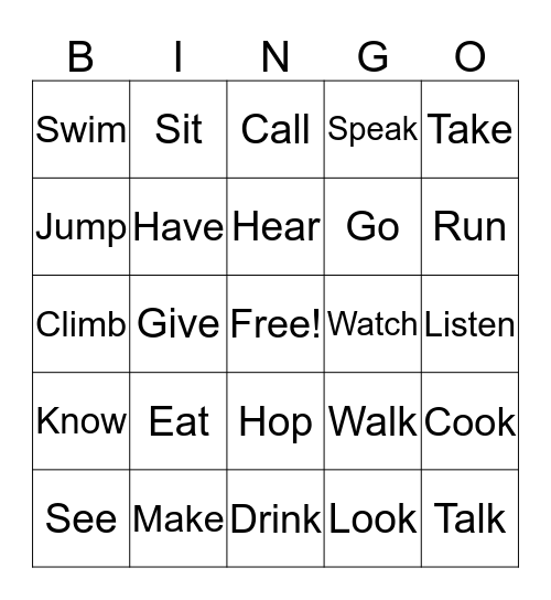 Verbs Bingo Card