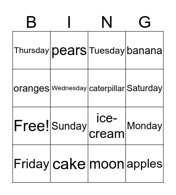 The Hungry caterpillar  Bingo Card