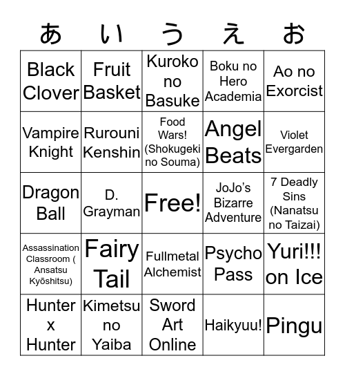 ACA Anime あいうえお Bingo Card