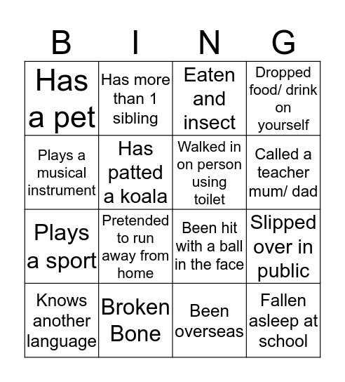 Get to know you Bingo Card