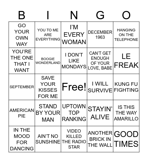 BINGO BEATS 70s Bingo Card