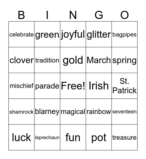 St. Patty' Day Bingo Card