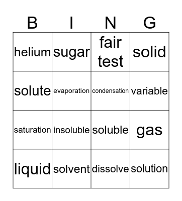 Solids, Liquids & Gases BINGO Card
