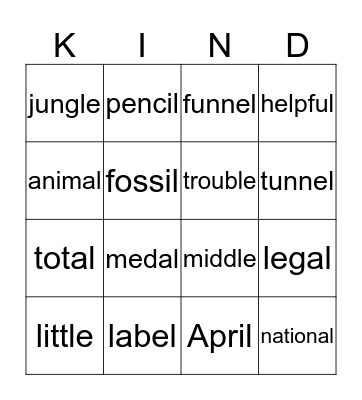 Bingo: SCHWA with 'l' at the end of a word Bingo Card