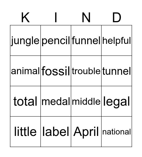 Bingo: SCHWA with 'l' at the end of a word Bingo Card