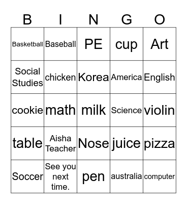 4th Grade Bingo Card