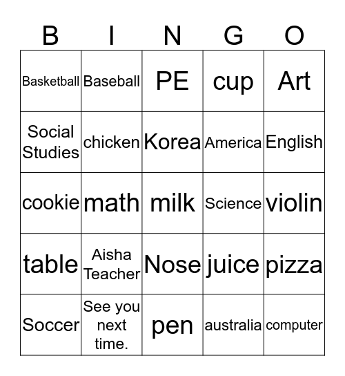 4th Grade Bingo Card