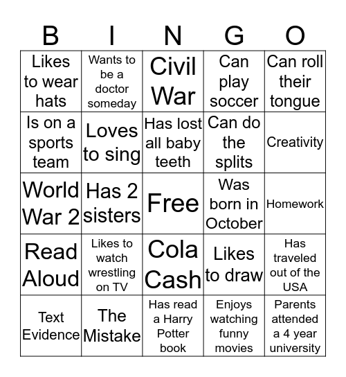 5th Grade Bingo Card