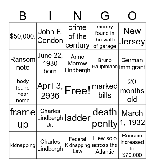 Lindbergh Kidnapping Bingo Card