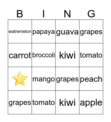 Fruits and Veggies Bingo Card