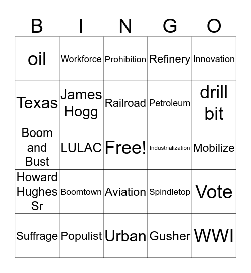 Oil Industry Bingo Card