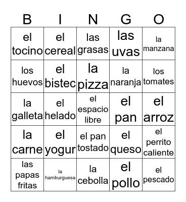 Spanish Food Words Bingo Card