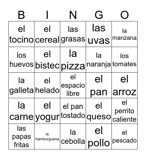 Spanish Food Words Bingo Card