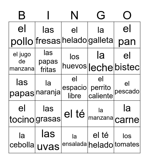 Spanish Food Words Bingo Card