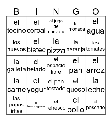 Spanish Food Words Bingo Card