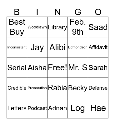 Serial Podcast Bingo Card