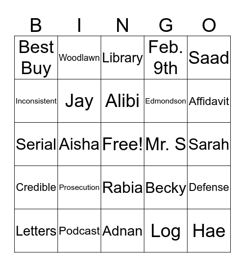 Serial Podcast Bingo Card