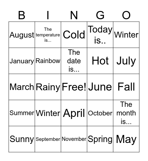 Calendar/Weather Bingo Card