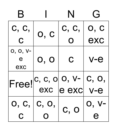 Syllable Bingo Card