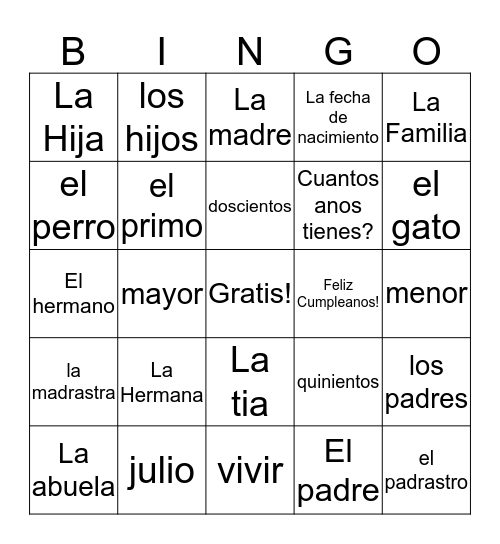 Family & Responsibilities Bingo Card