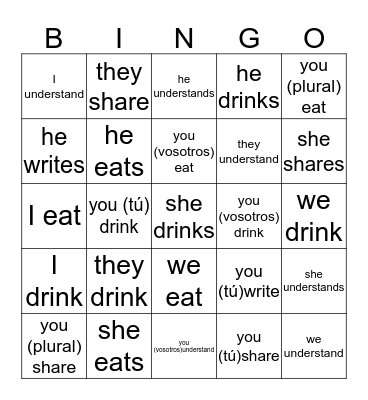 -ER/-IR Verbs  Bingo Card