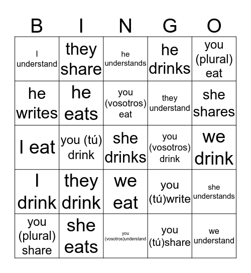 -ER/-IR Verbs  Bingo Card