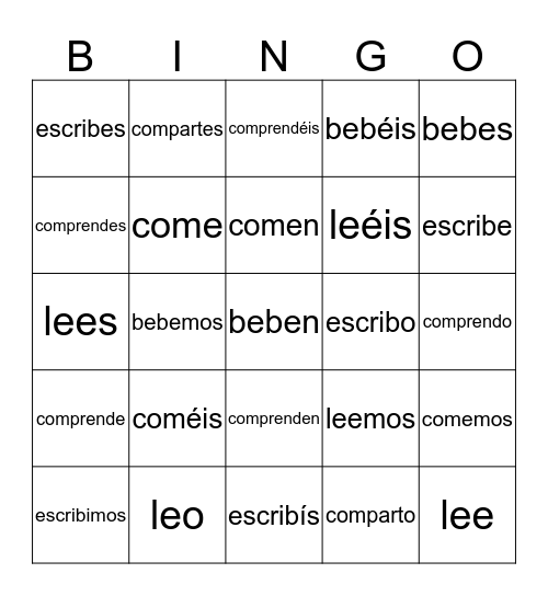 -ER/-IR Verbs  Bingo Card