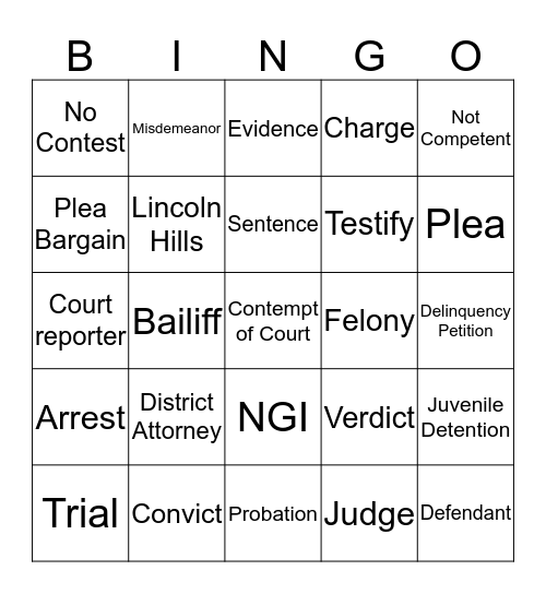 Juvenile Competency Bingo Card