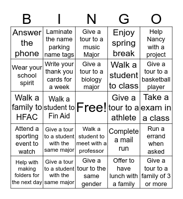 Student Ambassador Bingo Card