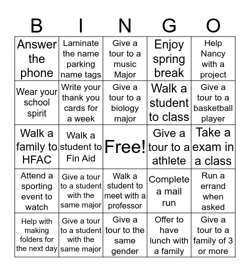 Student Ambassador Bingo Card