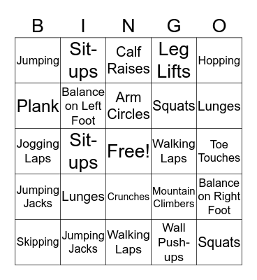 Fitness Bingo Card