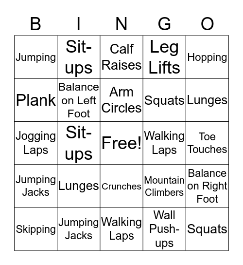 Fitness Bingo Card