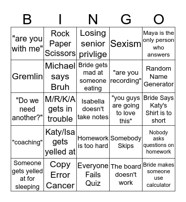 Math Class Bingo Card