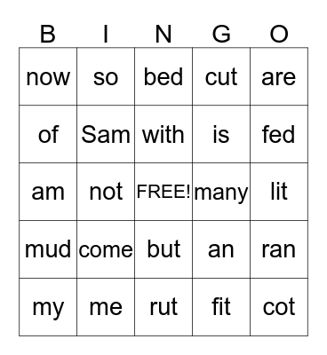 Sight Words and CVC Words - Kinder Bingo Card