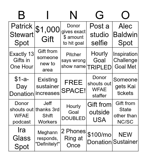 WFAE March Campaign BINGO! Bingo Card