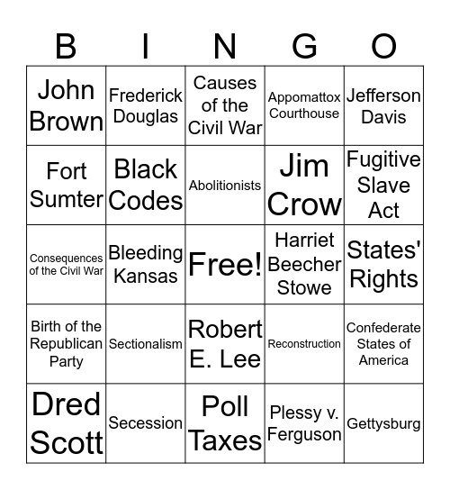 Civil War  Bingo Card