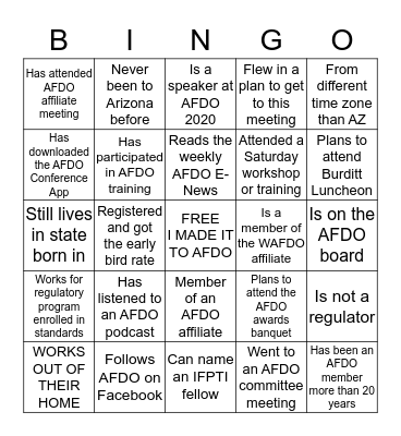 AFDO FIRST TIME ATTENDEE MIXER Bingo Card