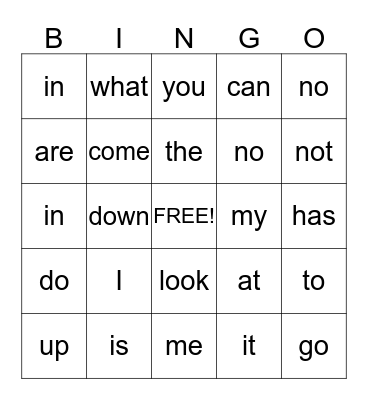 Sight Words Bingo Card